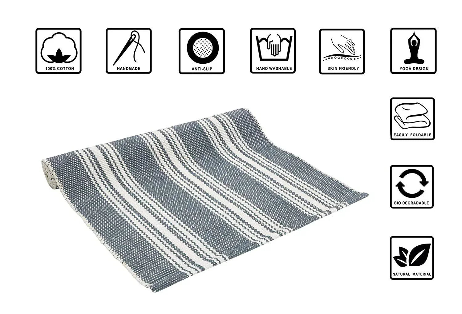 Cotton Yoga Mat with Carry Strap, Skid Free, Handmade Organic Foldable Thick ...