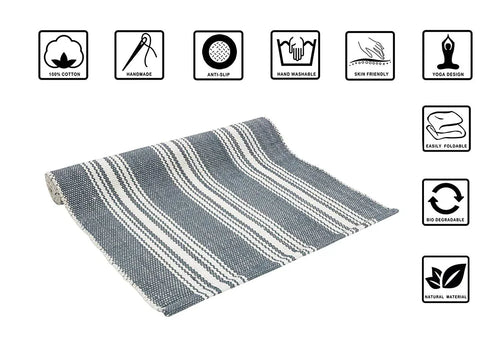 Cotton Yoga Mat with Carry Strap, Skid Free, Handmade Organic Foldable Thick ...